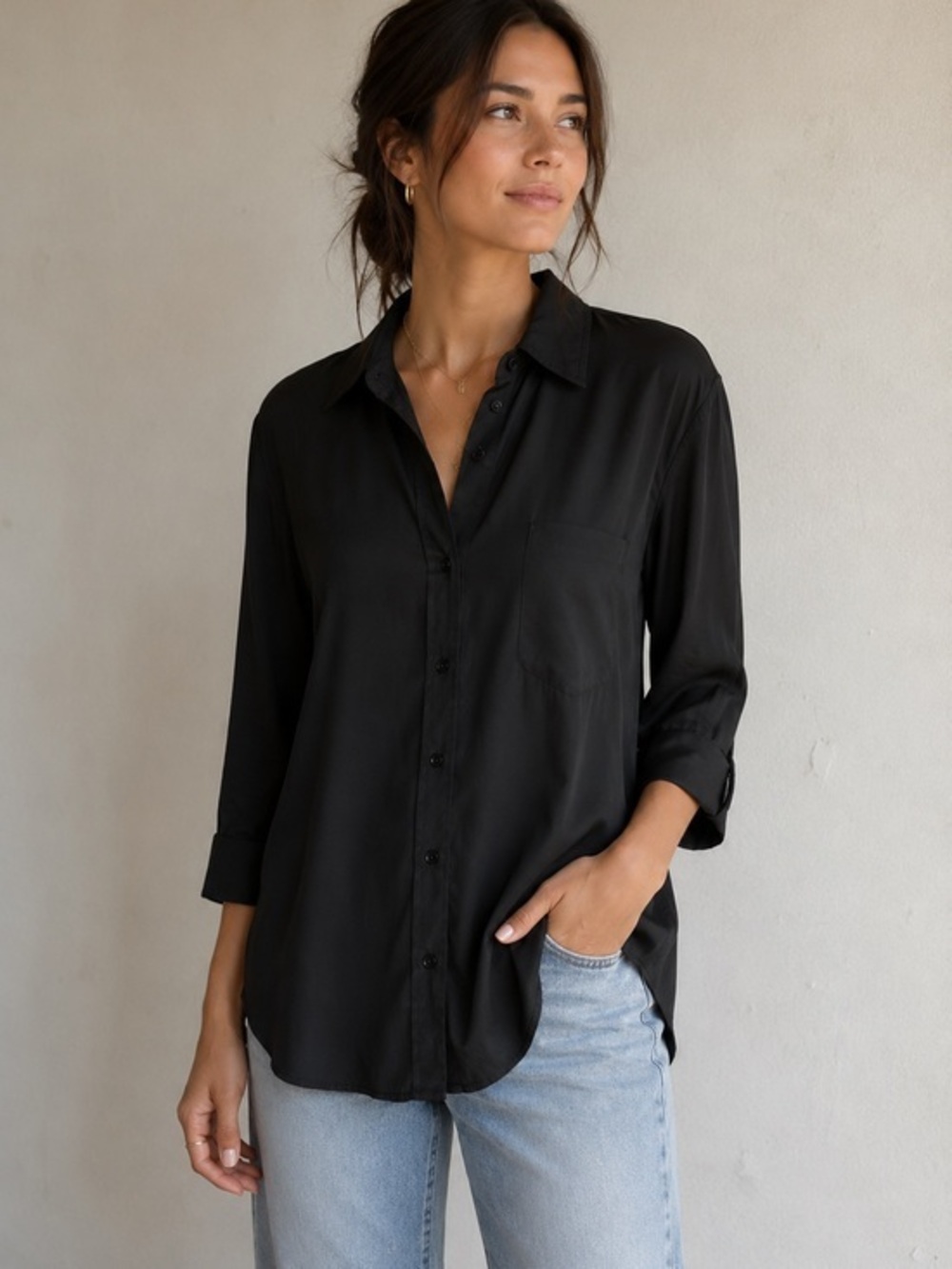R Label Button Down Black Blouse Size Medium